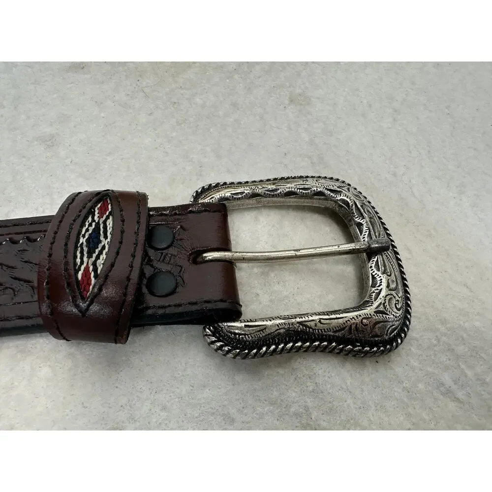 Western Brown Leather Belt Tooled Basketweave Embroidered Keeps & Conchos SZ 42
